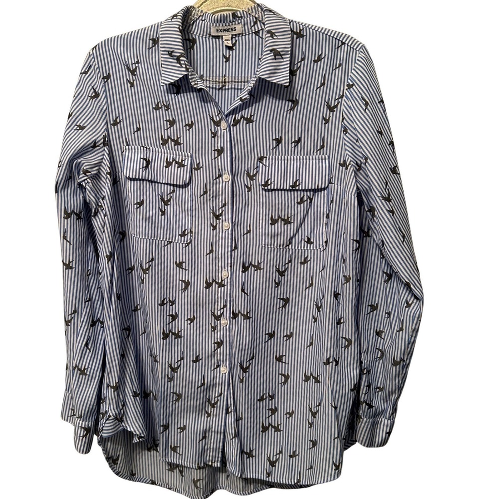 Express Blue White Striped Bird Print Button Down Shirt Large Long Sleeve